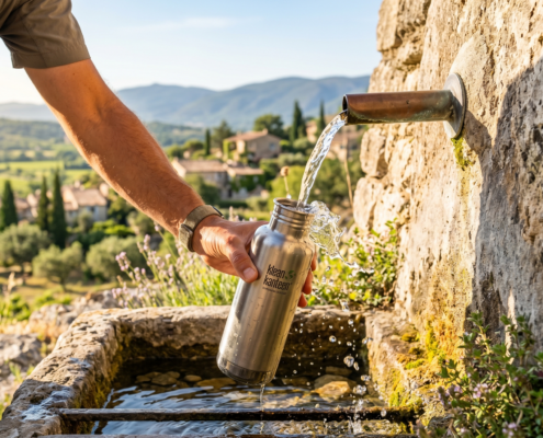 Randonneur remplissant une gourde en inox à une fontaine d'eau potable publique en pierre dans la campagne ensoleillée.